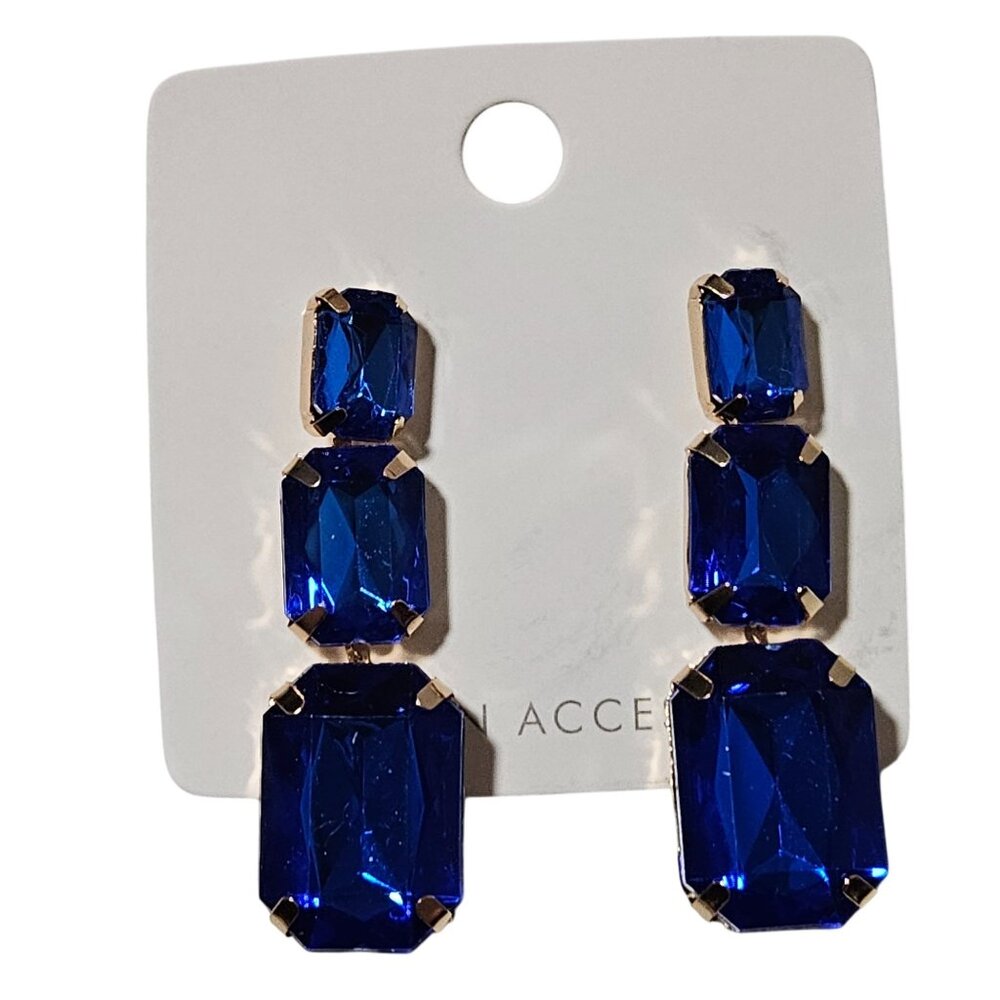 Elegant Blue Crystal Earrings Statement Gold Tone Retro Fashion Jewelry Women